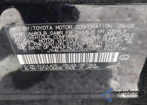 2008 Lexus Es 350 from USA, damaged, VIN JTHBJ46G582260099